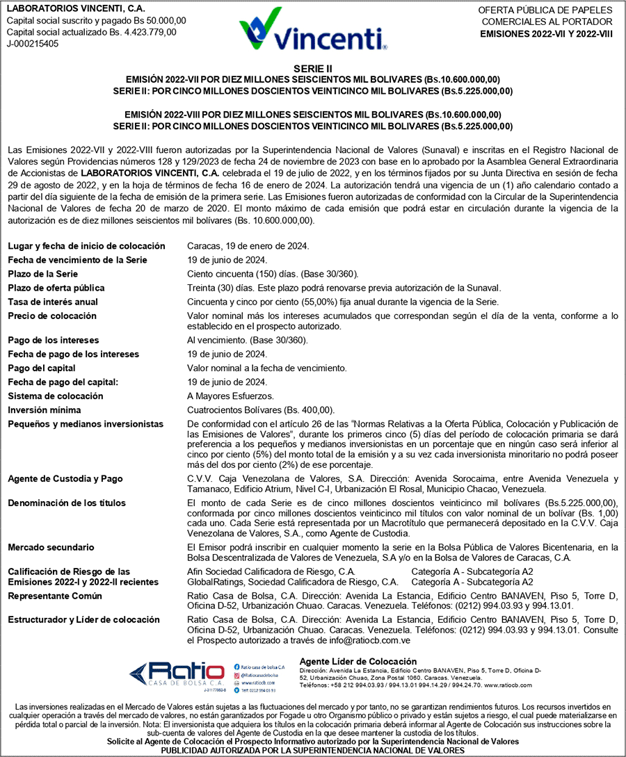 Laboratorios Vincenti | Oferta Pública de Papeles Comerciales al Portador Emisiones 2022-VII y 2022-VIII Serie-II