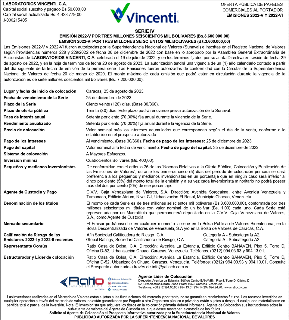 2022 Aviso de Prensa Serie IV Vincenti Emisiones 2022 V y VI Express