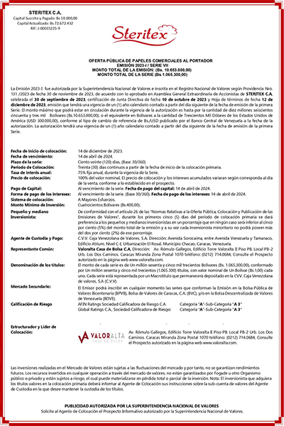 Aviso de Prensa Steritex Emisión 2023-I-Serie VII Miniatura