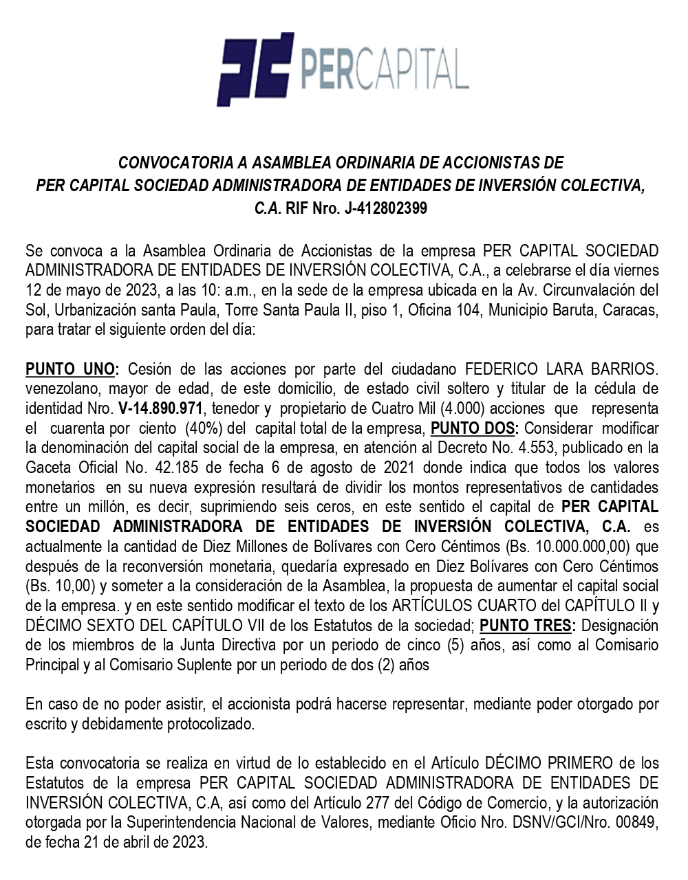 Convocatoria Asamblea Ordinaria de Accionistas | Per Capital Sociedad Administradora de Entidades de Inversión Colectiva, C.A.