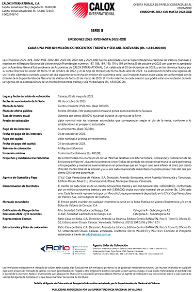 Calox Aviso de Prensa Papeles Comerciales Emisiones 2022-XVII hasta 2022-XXII Serie II Miniatura