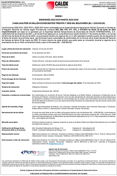 Calox Aviso de Prensa-Papeles Comerciales Emisiones 2022-XXVI hasta 2022-XXXI Serie-I Express Miniatura