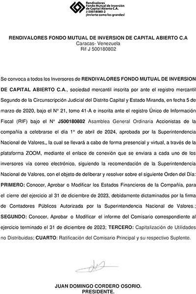 Convocatoria Rendivalores Fondo Mutual de Inversión de Capital Abierto, C.A. Miniatura