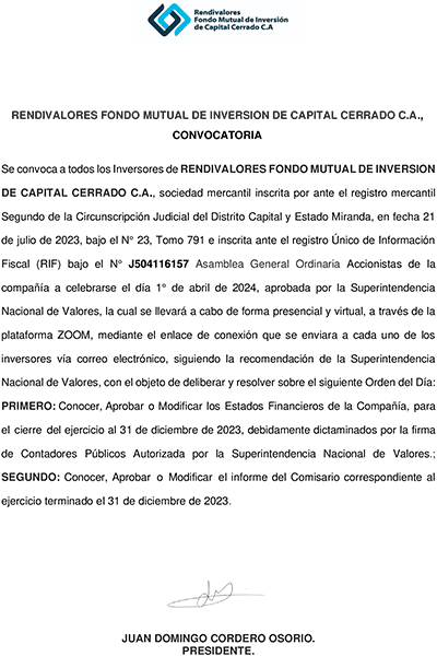 Convocatoria Rendivalores Fondo Mutual de Inversión de Capital Cerrado, C.A. Miniatura
