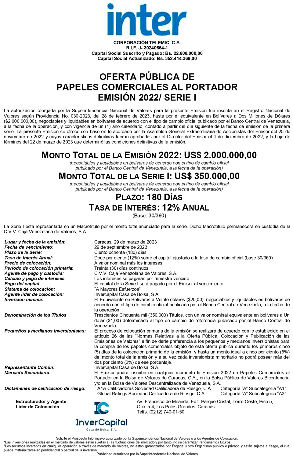 Inter Aviso de Prensa Papeles Comerciales Emisión 2022 Serie I