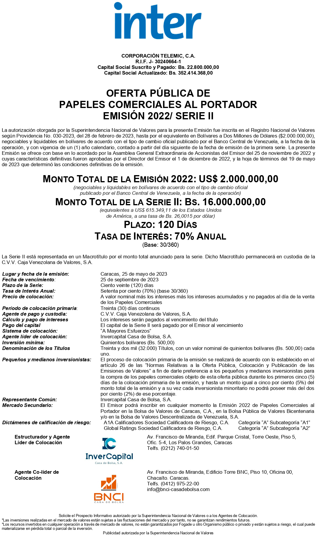 Inter Aviso de Prensa Papeles Comerciales Emisión 2022 Serie-II