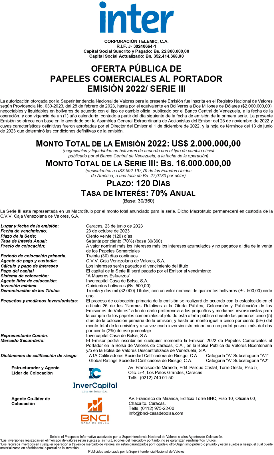 Inter Aviso de Prensa Papeles Comerciales Emisión-2022 Serie-III