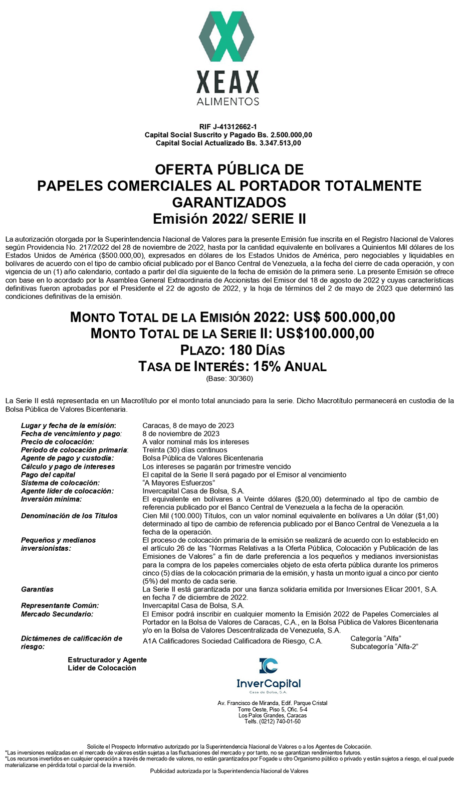 Xeax Aviso de Prensa Papeles Comerciales Emisión 2022 Serie-II